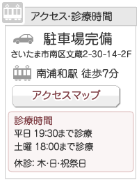 アクセス・診療時間　駐車場完備。南浦和駅 徒歩7分。さいたま市南区文蔵2-30-14-2F　診療時間／平日 19：30まで診療／土曜 18：00まで診療／休診： 木・日・祝祭日